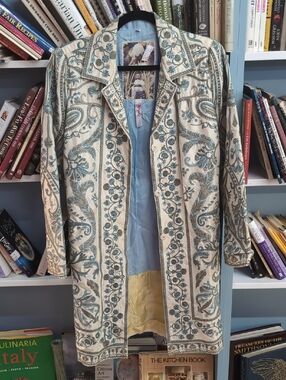 Silk Embroidered Paisley Long Coat in Cream and Teal Biya